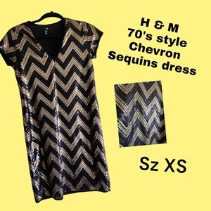 H & M  70's Sequined  chevrons dress Retro look Sz XS
